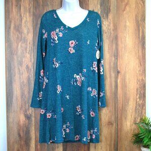 NWT SO Women's Teal Long Sleeve Floral VNeck Soft Mini Dress L